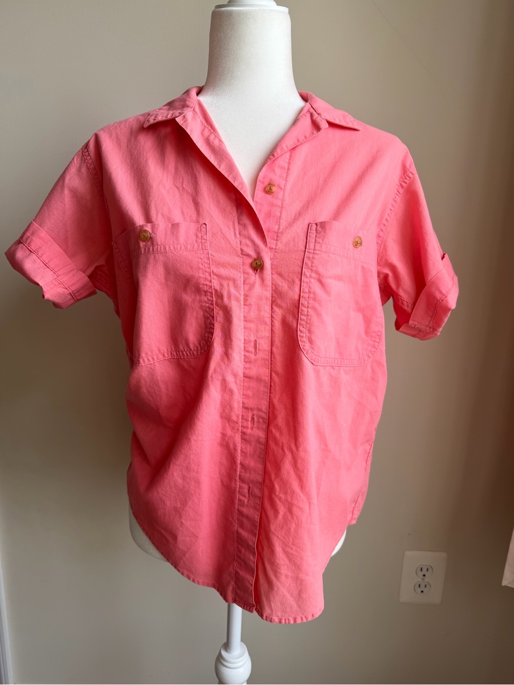 VTG LL Bean Button Down Short Sleeve Camp Shirt Bubblegum Pink S/M